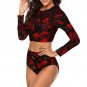 Womens Black-red Rose 2 Piece Sun Protection Bikini Swimwear