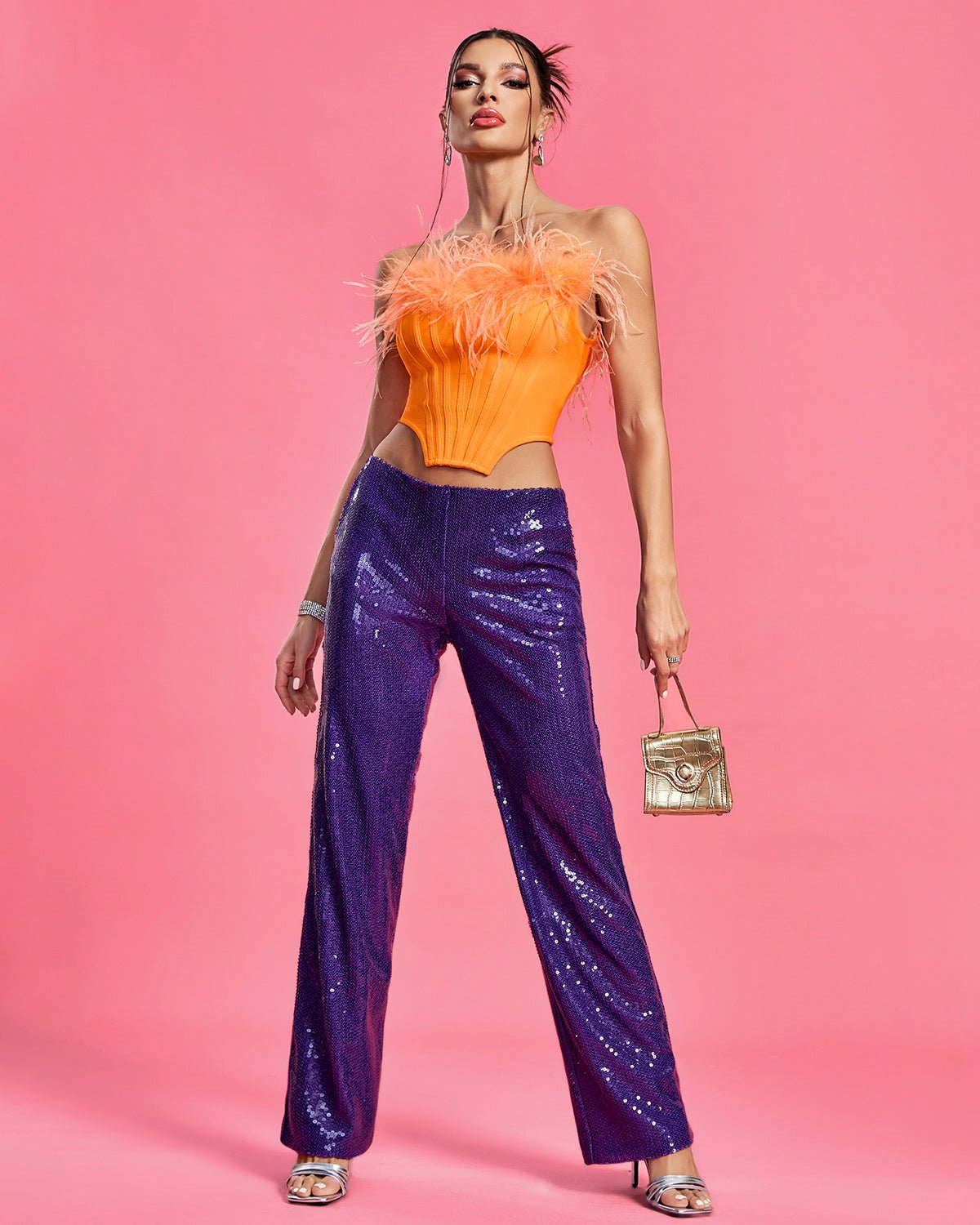 Purple Sequin Pants and Feather Corset Set