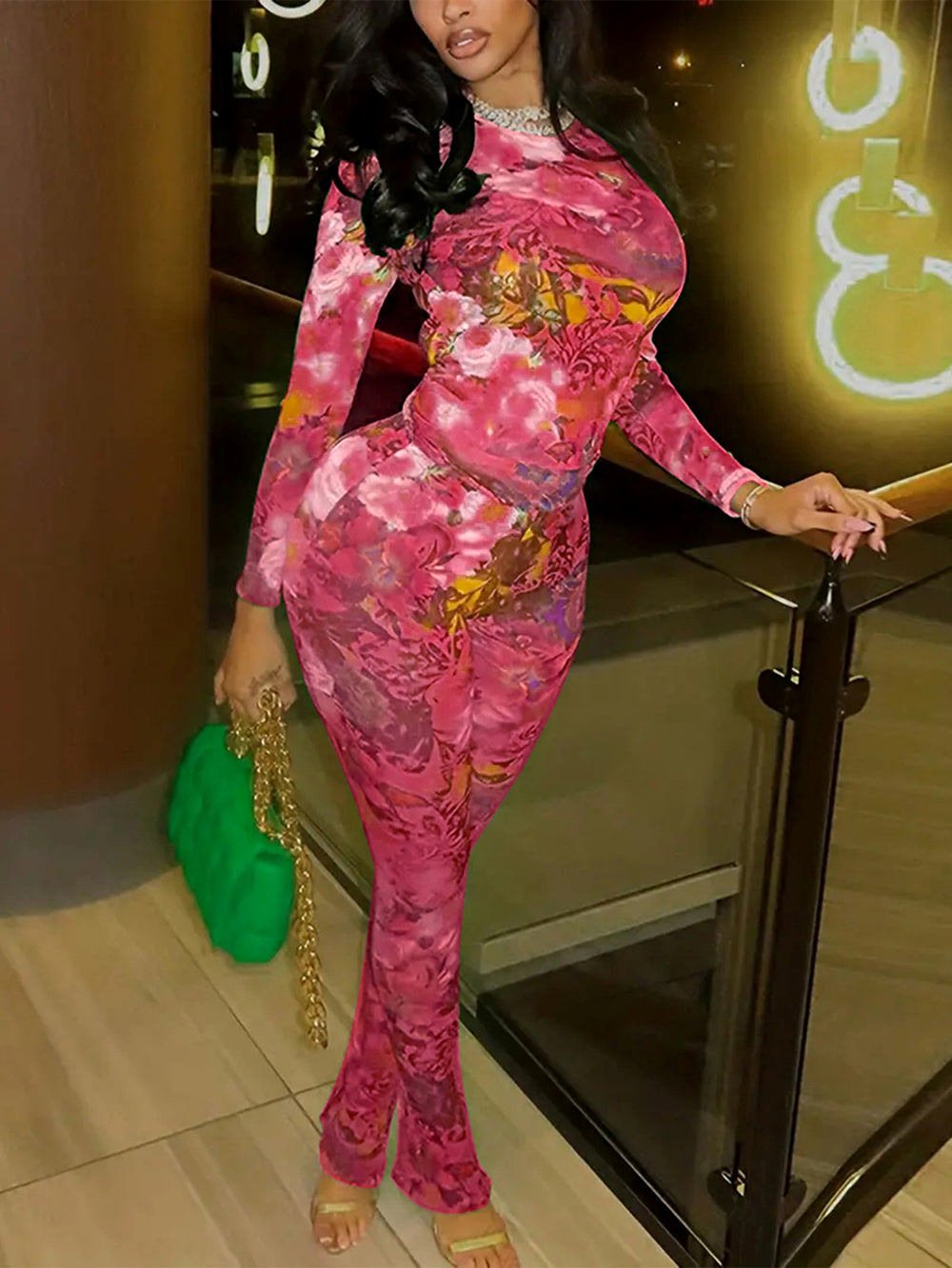 Round Neck Long Sleeve Floral Bodycon Set