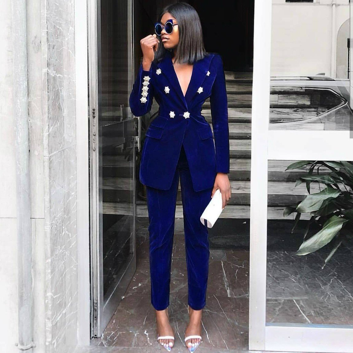 V Neck Long Sleeve Metal Studded Bodycon Suit