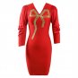 V Neck Long Sleeve Patterned Midi Bandage Dress