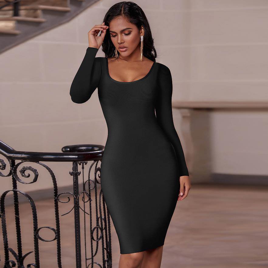 Square Collar Long Sleeve Plain Midi Bandage Dress