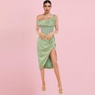 One Shoulder Short Sleeve Asymmetrical Midi Bodycon Dress