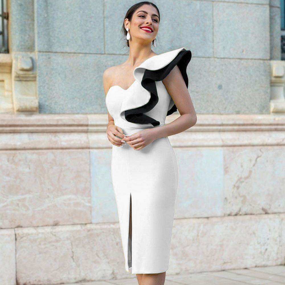 One Shoulder Sleeveless Frill Midi Bodycon Dress