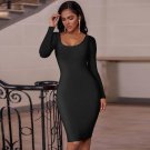 Square Collar Long Sleeve Plain Midi Bandage Dress