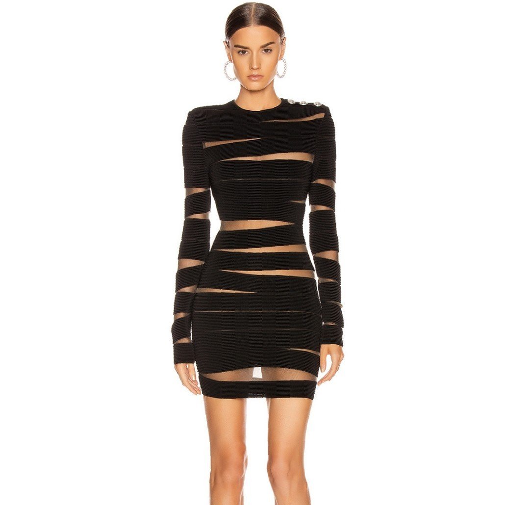 Round Neck Long Sleeve Mesh Mini Bandage Dress