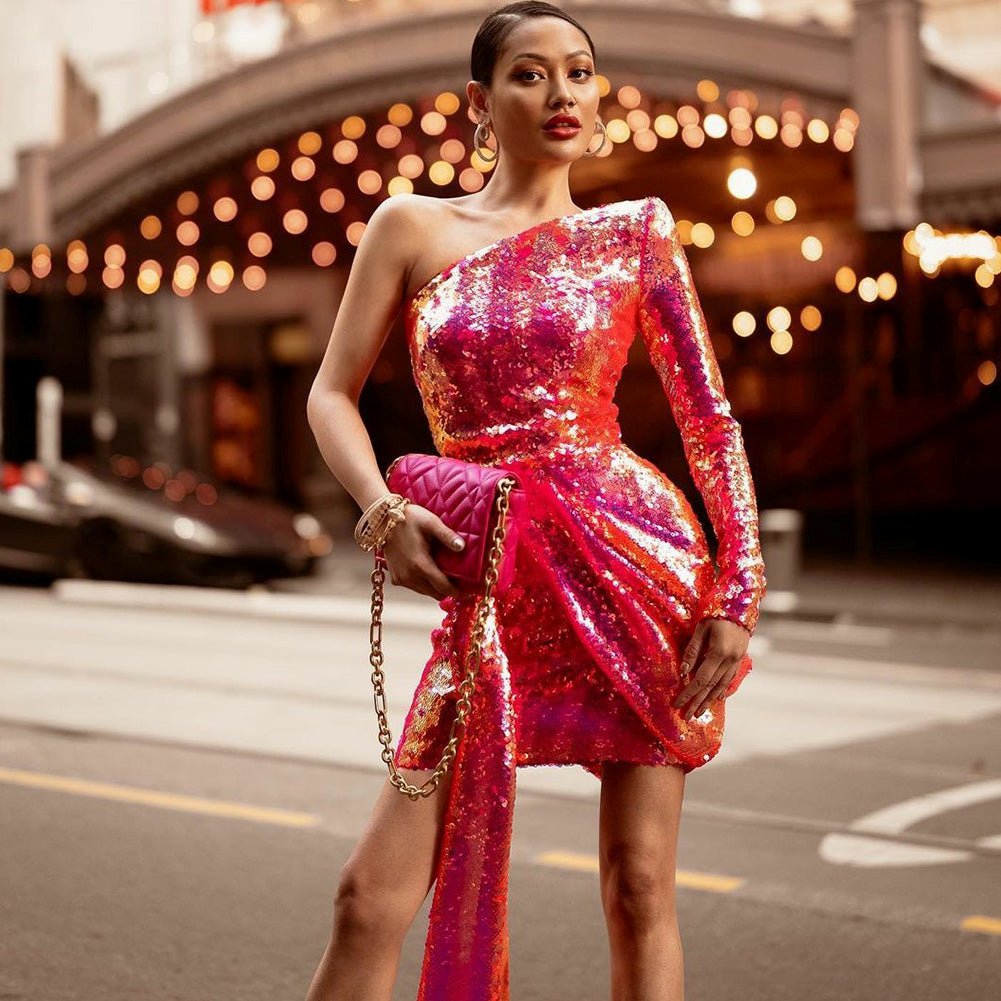 One Shoulder Long Sleeve Sequined Mini Bodycon Dress