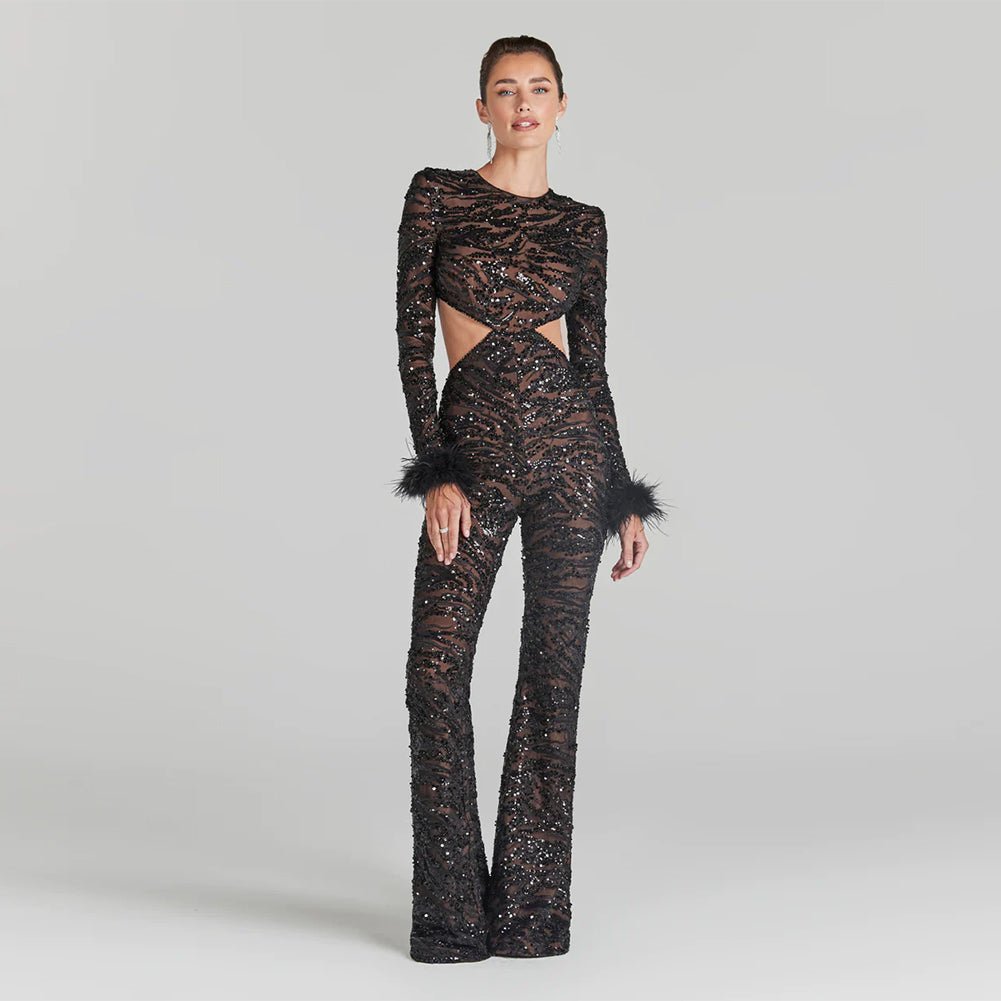 Round Neck Long Sleeve Sequins Bodycon Jumpsuit