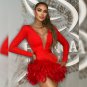 V Neck Long Sleeve Feather Mini Bandage Dress