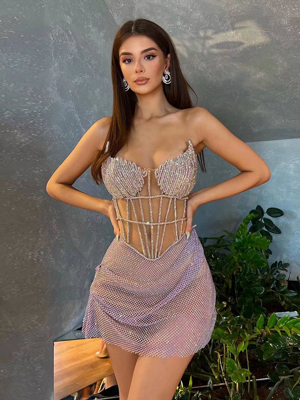 Strapless Sleeveless Rhinestone Mini Bodycon Dress