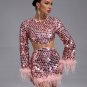 Sequinned Cutout Feather-Trim Mini Dress