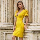 V Neck Short Sleeve Plain Midi Bandage Dress