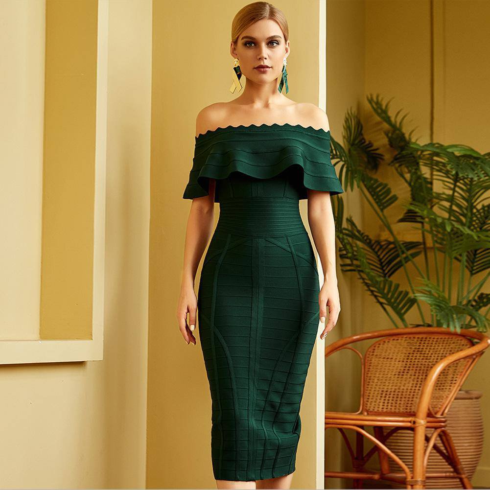 Off Shoulder Short Sleeve Frill Midi Bandage Dress