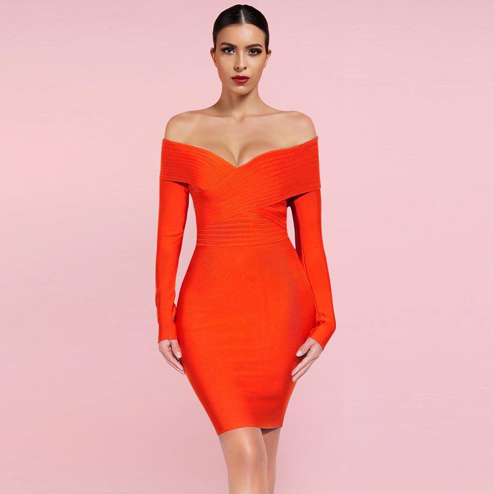 Off Shoulder Long Sleeve Striped Midi Bandage Dress