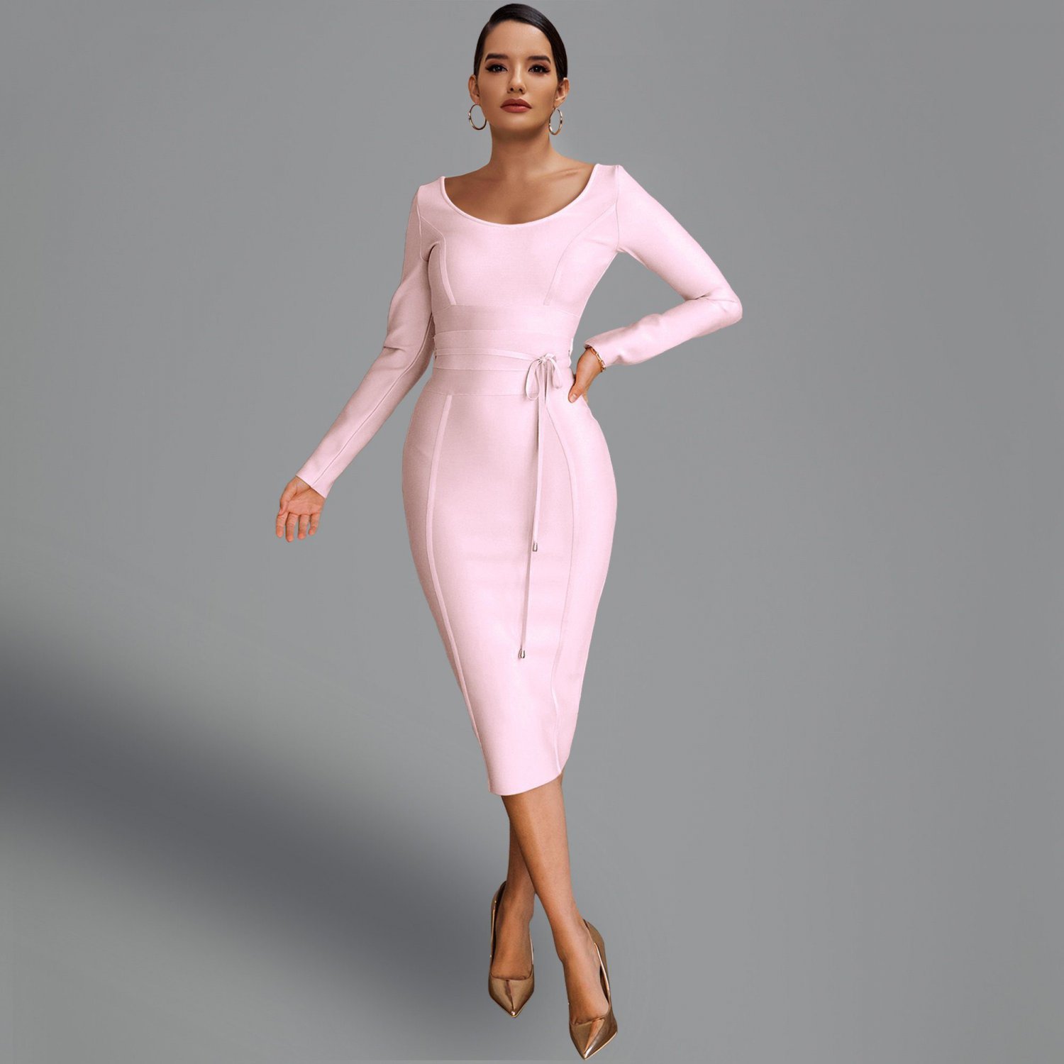 Round Neck Long Sleeve Tie Midi Bandage Dress