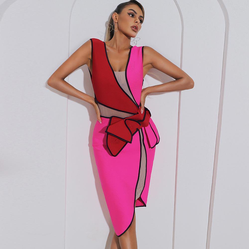 V Neck Sleeveless Mesh Midi Bandage Dress