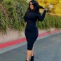 Round Neck Long Sleeve Striped Over Knee Bandage Dress