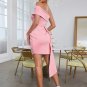 Off Shoulder Short Sleeve Midi Asymmetrical Bodycon Dress