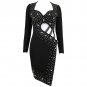 Square Collar Long Sleeve Asymmetrical Rhinestone Over Knee Dress