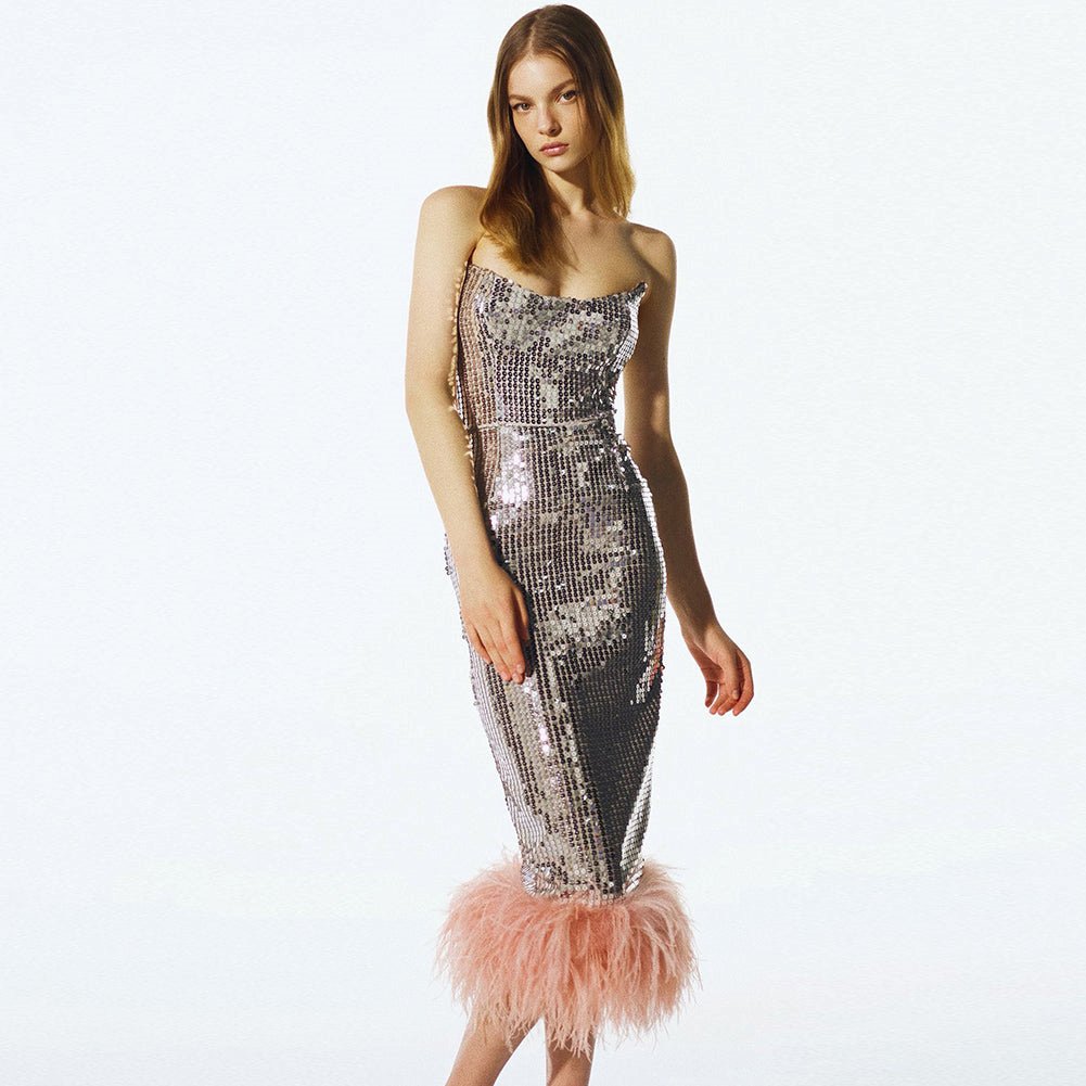 Strapless Sleeveless Midi Sequined Bodycon Dress