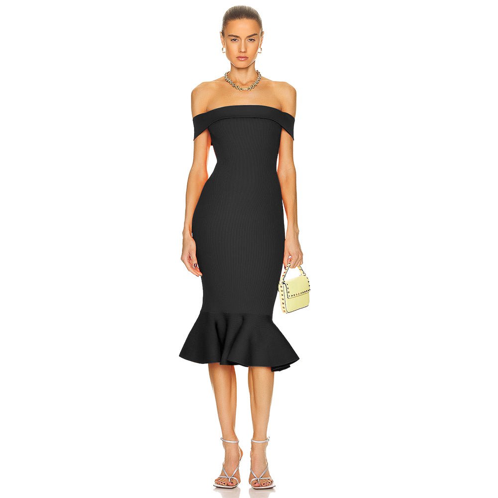 Off Shoulder Short Sleeve Midi Fishtail Bandage Dress