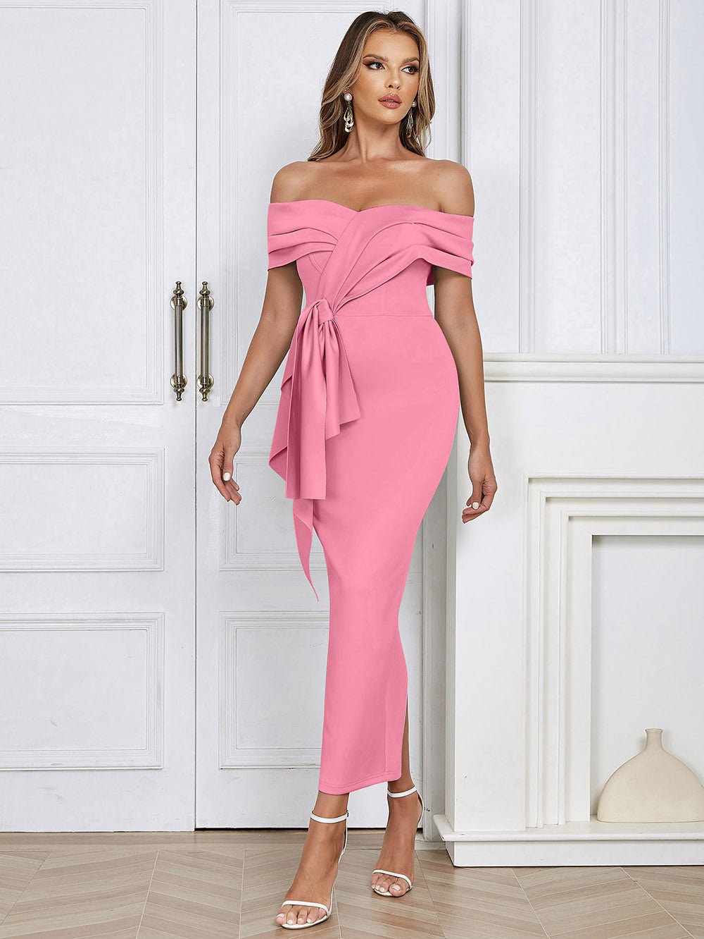 Off Shoulder Short Sleeve Slit Midi Bodycon Dress