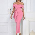 Off Shoulder Short Sleeve Slit Midi Bodycon Dress