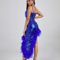 Blue Feather Sequin Midi Dress