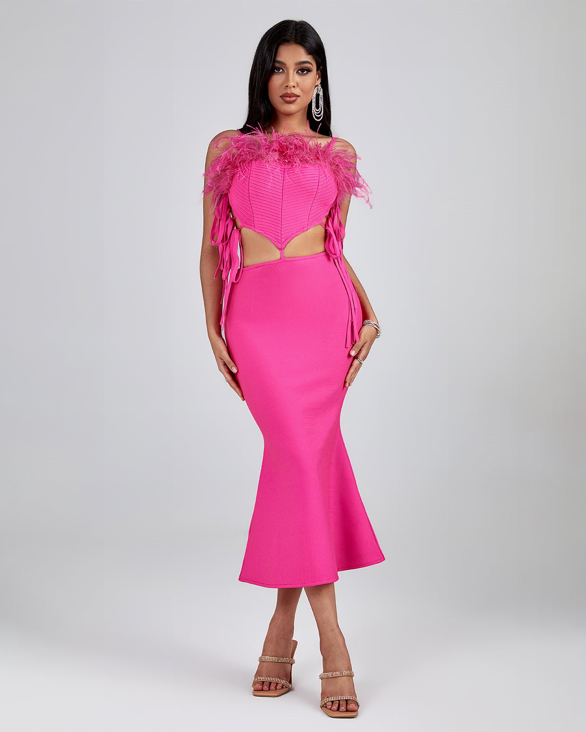 Strappy Feather Trim Hollow Out Bandage Dress