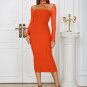 Square Collar Long Sleeve Slit Midi Bandage Dress