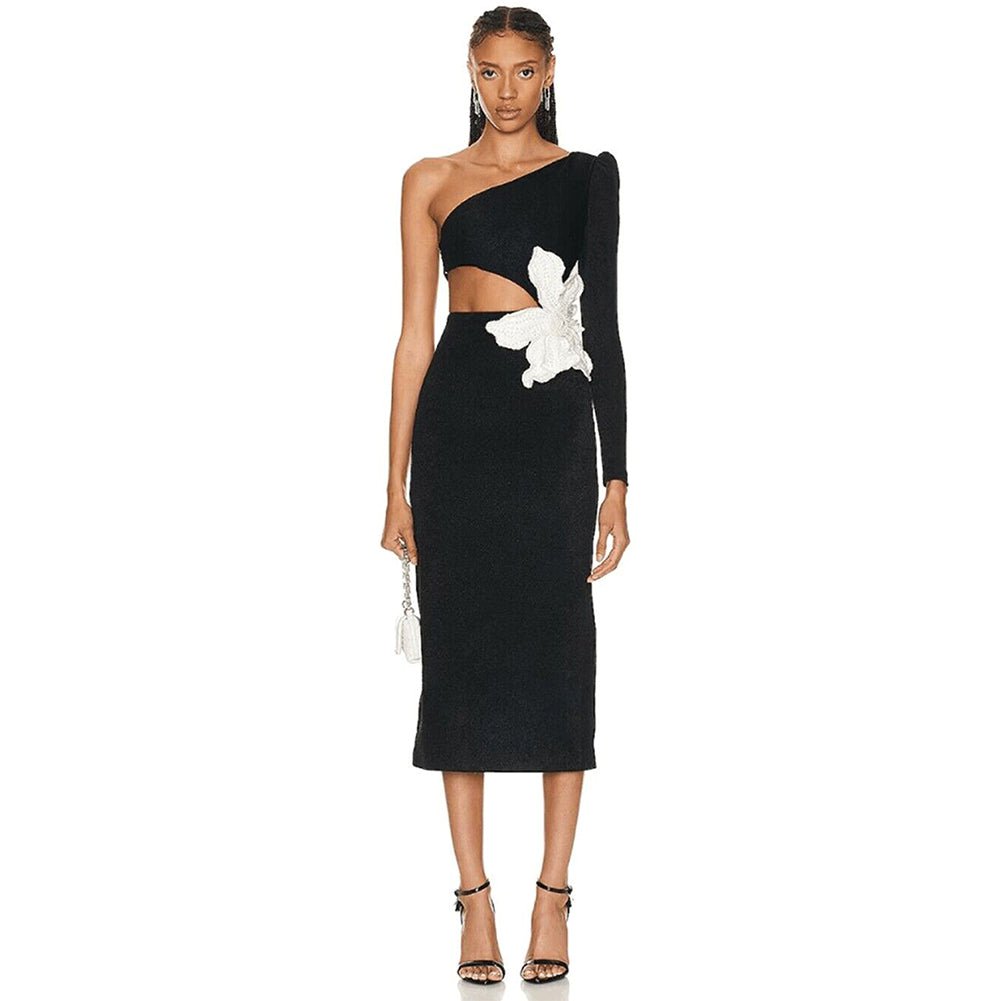 One Shoulder Pearl Midi Bandage Dress