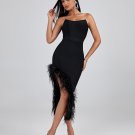 Strapless Feather Trim Midi Bandage Dress