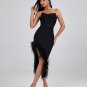 Strapless Feather Trim Midi Bandage Dress