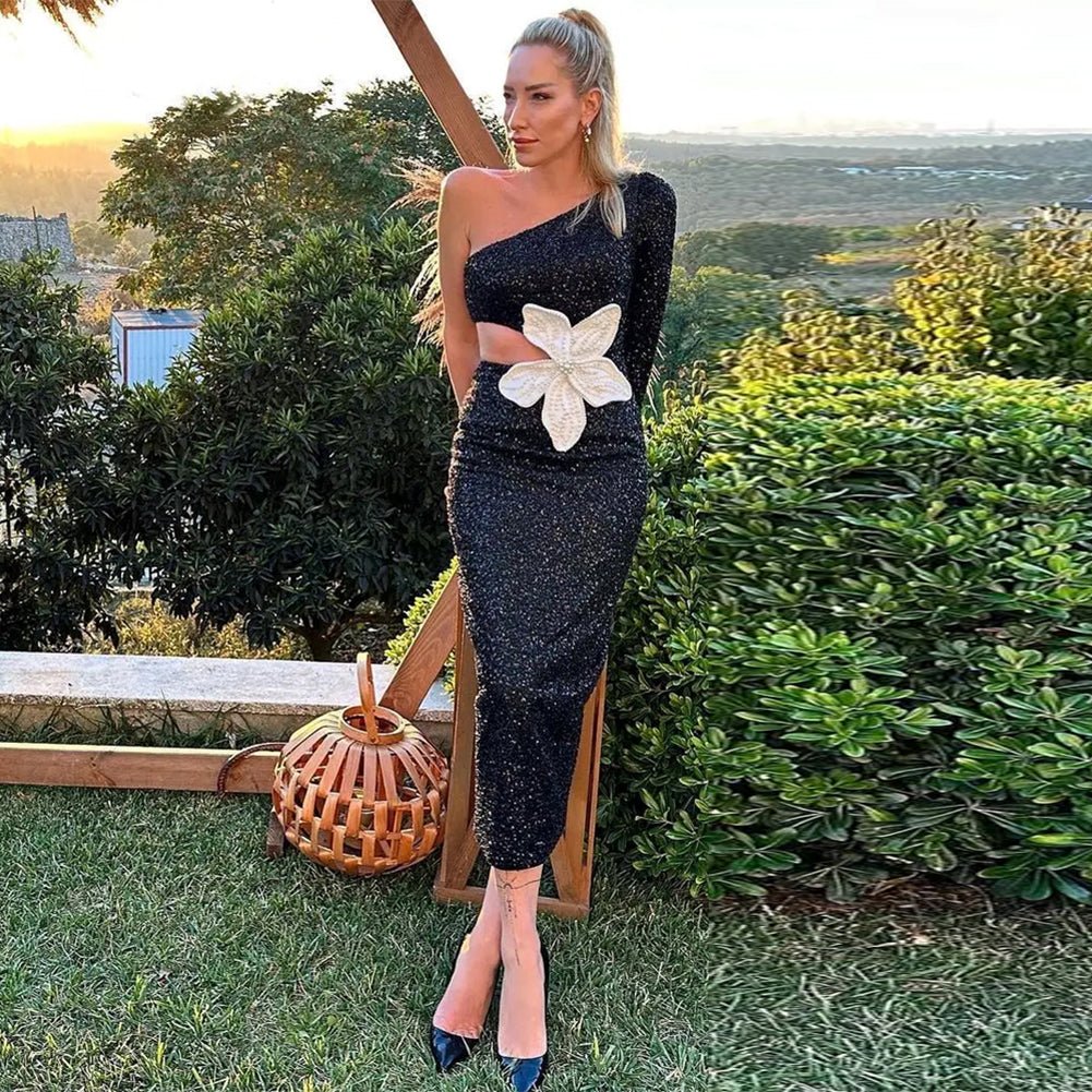 One Shoulder Long Sleeve Sequins Midi Bodycon Dress