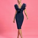 Navy Ruffle Trim Midi Bandage Dress