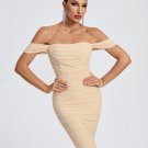 Off Shoulder Ruched Mesh Midi Dress