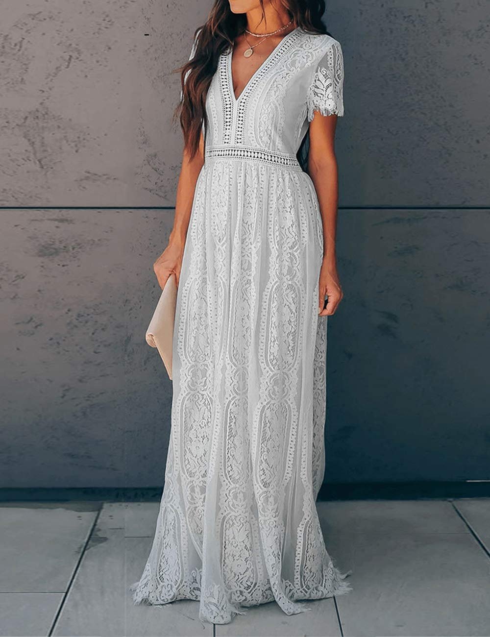 Deep V Neck Short Sleeve Floral Lace Bridesmaid Maxi Dress