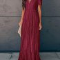 Deep V Neck Short Sleeve Floral Lace Bridesmaid Maxi Dress