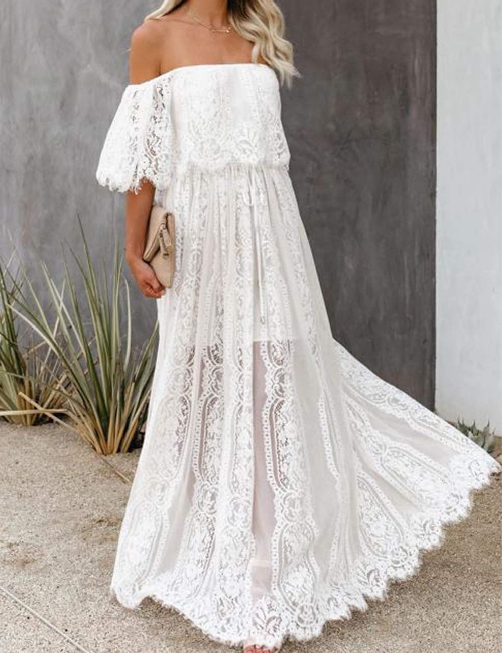Off Shoulder Short Sleeve Floral Lace Bridesmaid Maxi Dress
