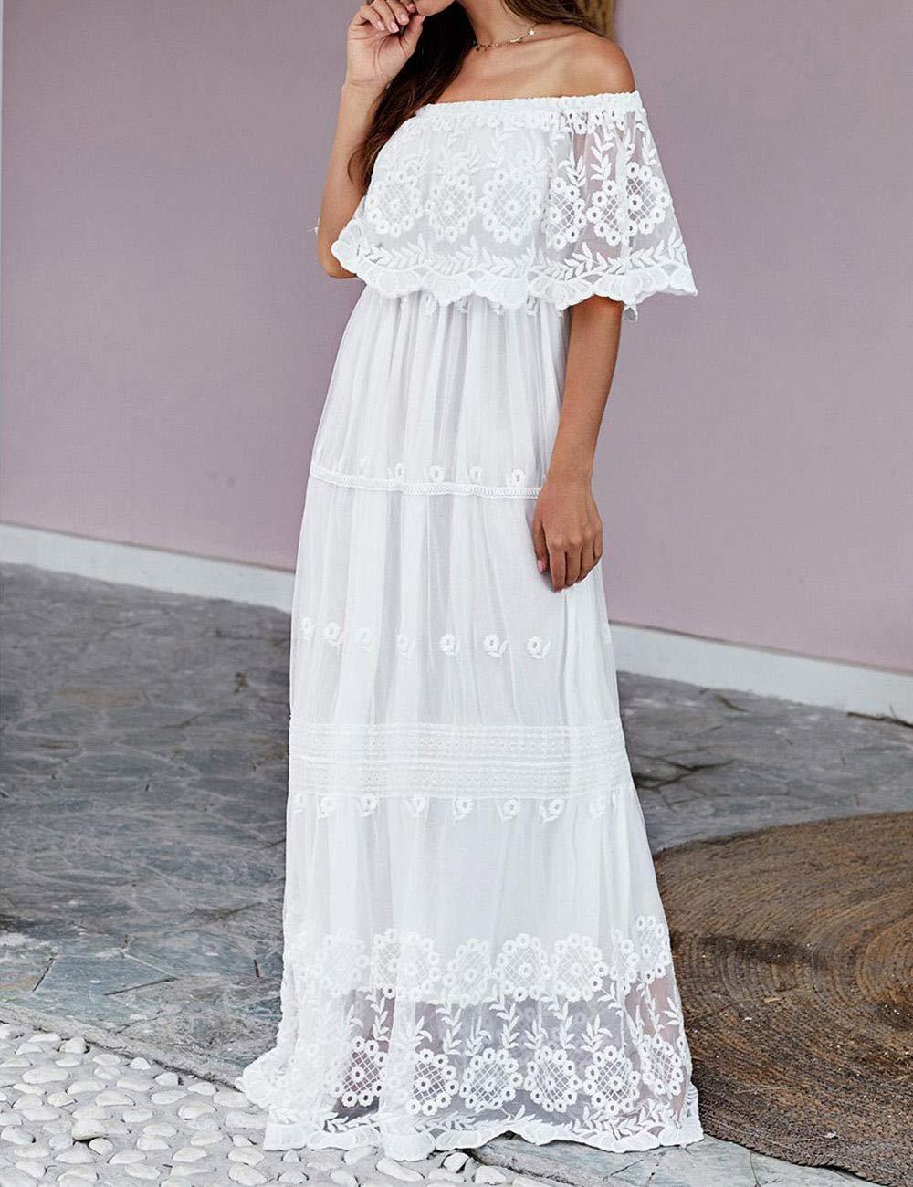Off Shoulder Short Sleeve Floral Lace Bridesmaid Maxi Dress