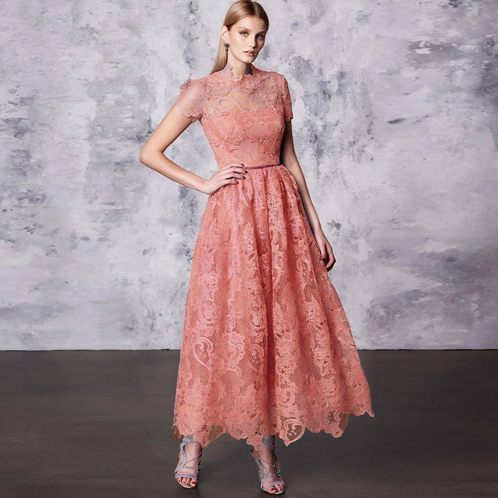 High Neck Short Sleeve Lace Maxi Bodycon Dress