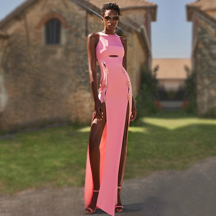 Round Neck Sleeveless Maxi Slit Bodycon Dress