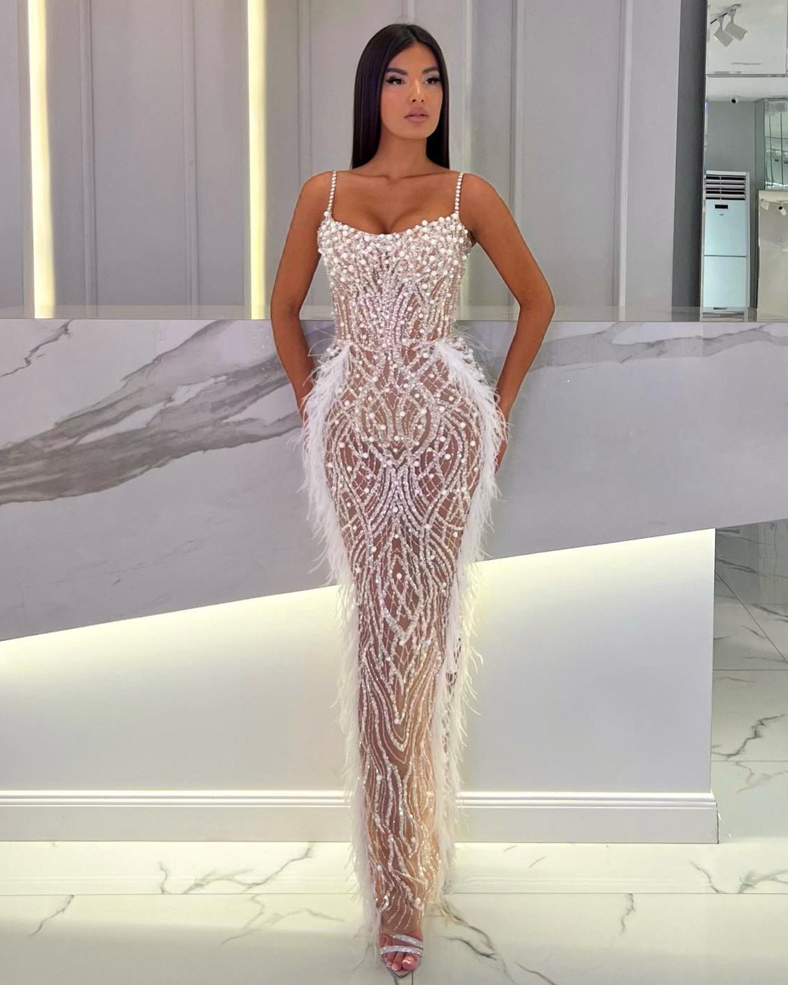 Strappy Sleeveless Feather Maxi Bodycon Dress