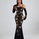 Golden Butterfly Ornamented Maxi Dress With Gloves