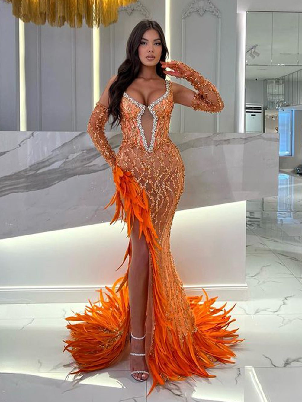 Strappy Sleeveless Feather Maxi Bodycon Dress
