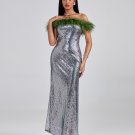Off Shoulder Feather Sequin Maxi Dress