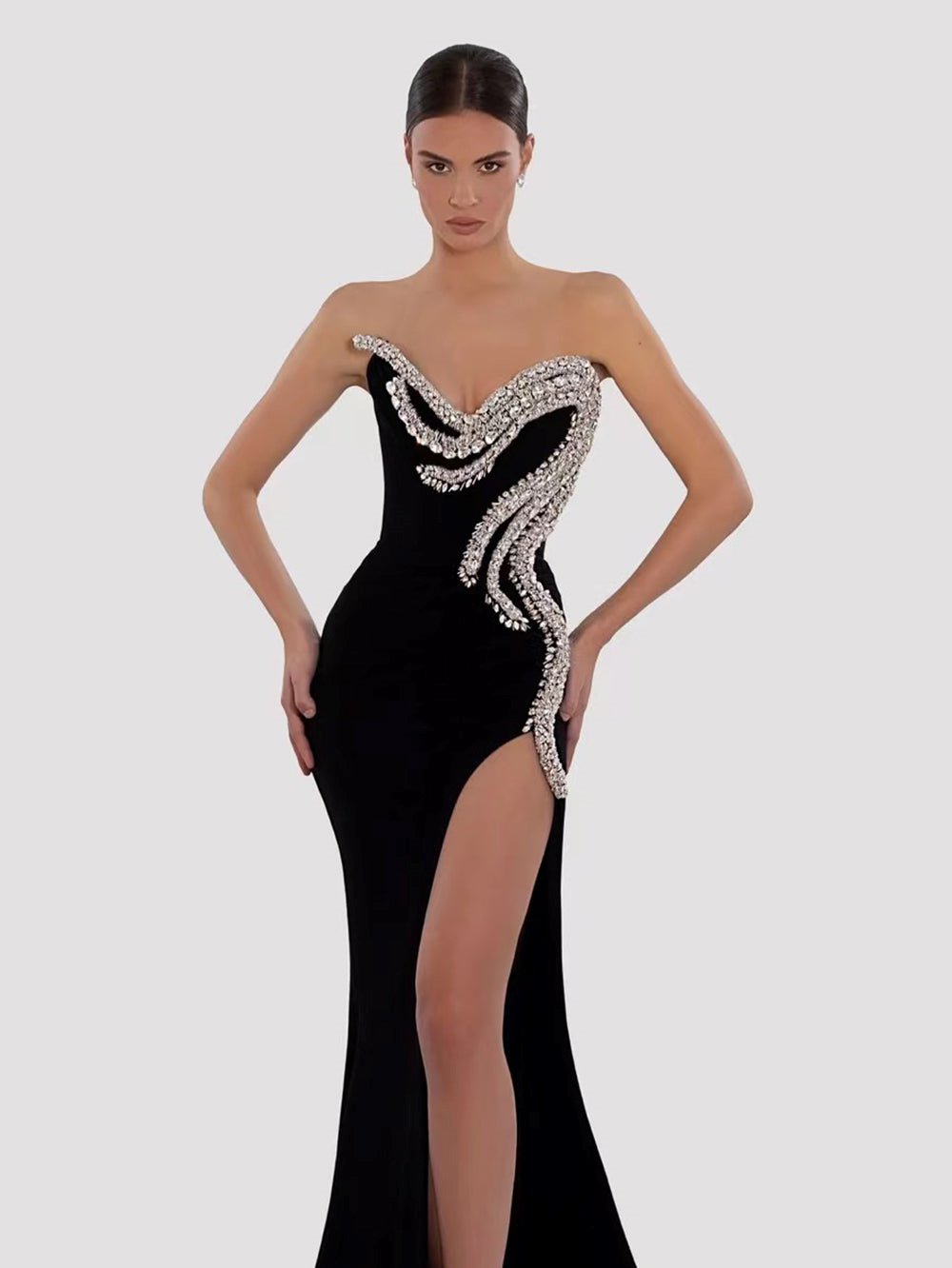 Strapless Sleeveless Rhinestone Maxi Bodycon Dress