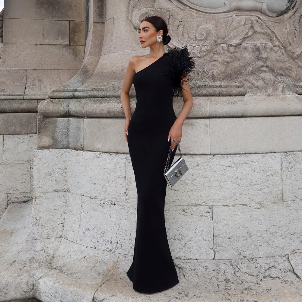 One Shoulder Sleeveless Feather Maxi Bandage Dress