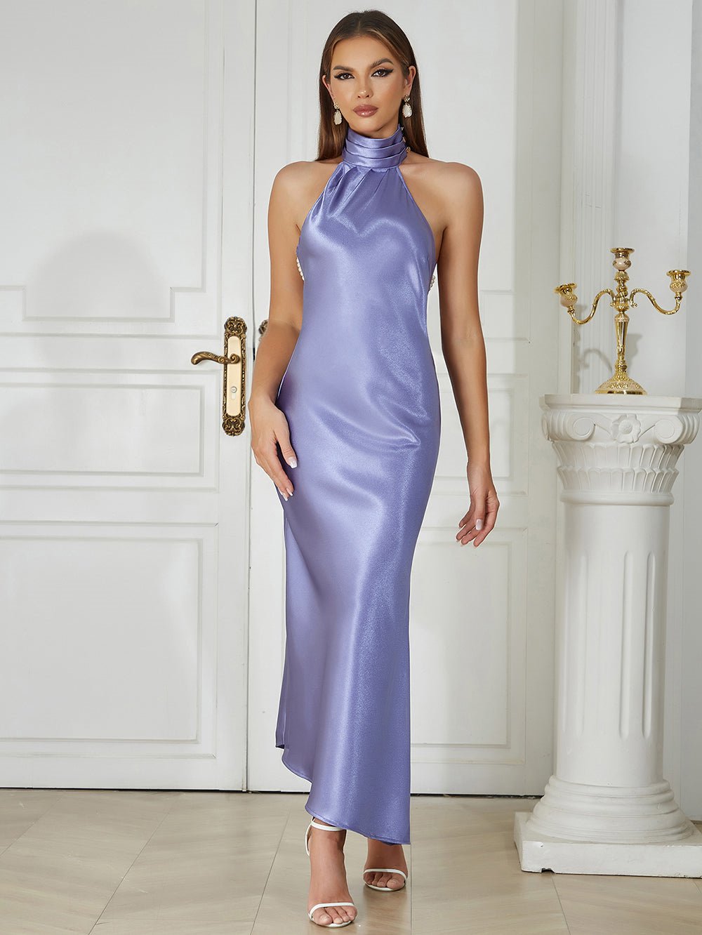 Halter Sleeveless Pearl Chain Maxi Bodycon Dress