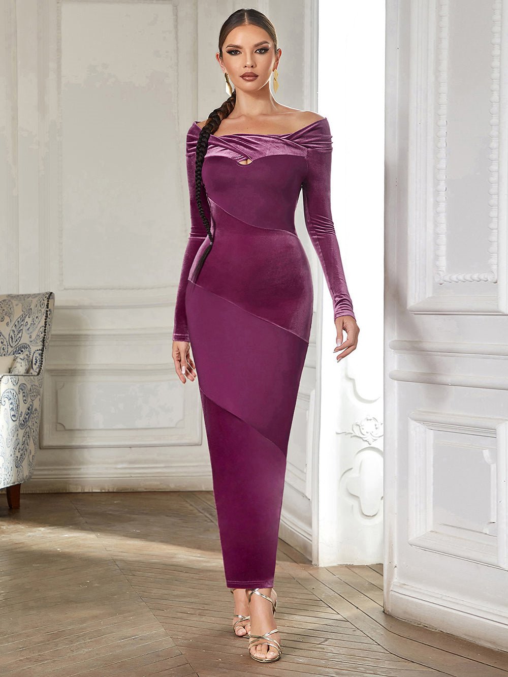 Off Shoulder Long Sleeve Plain Maxi Bodycon Dress